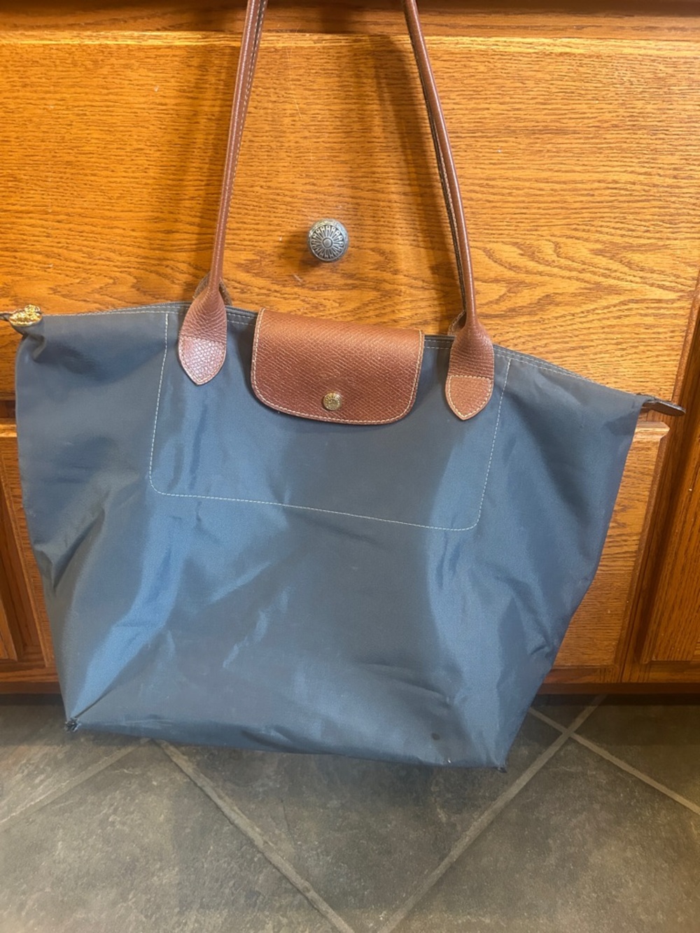 Longchamp Le Pliage Navy Tote with Brown Leather Trim